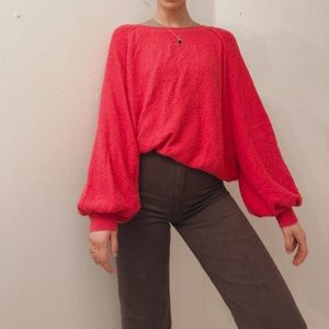 Free People Hot Pink Boucle Crewneck Balloon sleeve Sweater